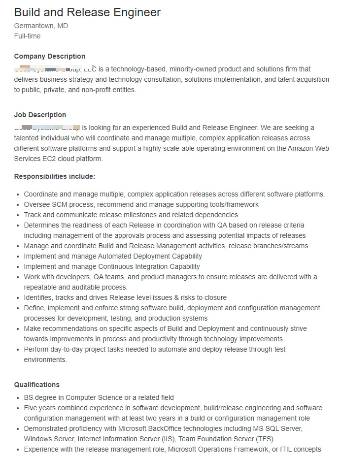 example of a build and release job description